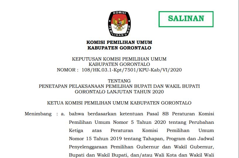 Tahapan Pilkada Dilanjutkan, KPU Kabupaten Gorontalo Terbitkan SK 